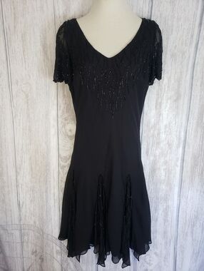 J Laxmi black beaded dress featuring a hanky hem Lined Stretchy Sz 10  90s Y2K